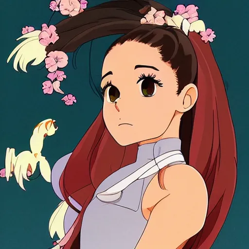 Image similar to ariana grande, flowing hair. in the style of studio ghibli, trending on artstation, emerald herald