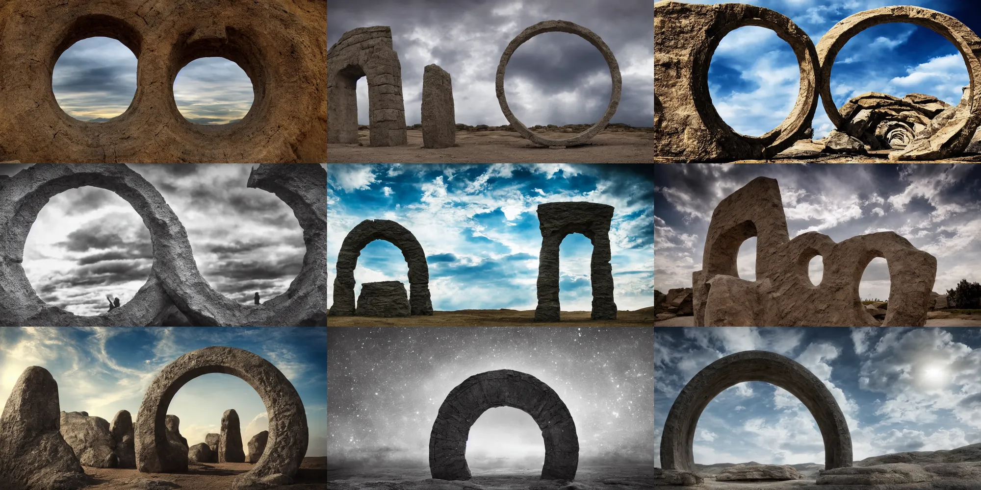 Image similar to stargate made of stone that form a circle, cinematic view, epic sky