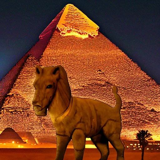 Image similar to a hologram of Kanye West projected on top of the Great Pyramids of Giza at night.