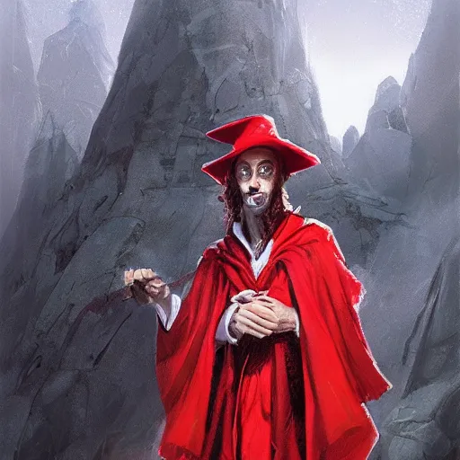 Prompt: portrait of rincewind wearing bright red wizard robe and hat by greg rutkowski