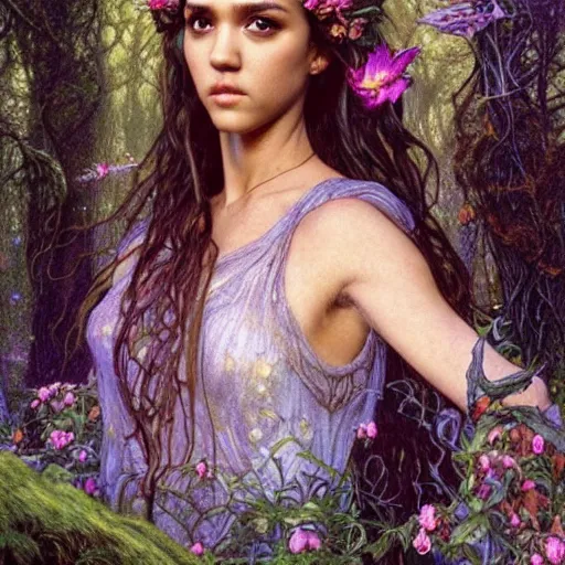 Image similar to head and shoulders portrait of a flowering fey fairy warlock portrayed by young jessica alba, in a magical forest, d & d, fantasy, luis royo, magali villeneuve, donato giancola, wlop, krenz cushart, hans zatka, klimt, alphonse mucha