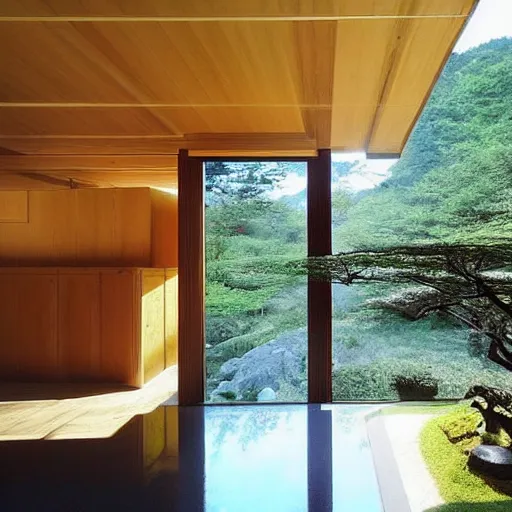 Image similar to “extravagant luxury mountain home, in Hakone, by Tadao Ando, modern rustic, rotenburo, water feature, bonsai”