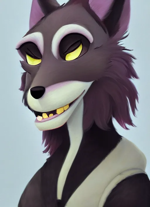 Image similar to oil painting of anthromorphic female wolf, in style of zootopia, female fursona, furry, furaffinity, 4 k, deviantart, furry art, fursona art, wearing black business suit, business suit, wolf fursona, female, very expressive detailed feminine face,