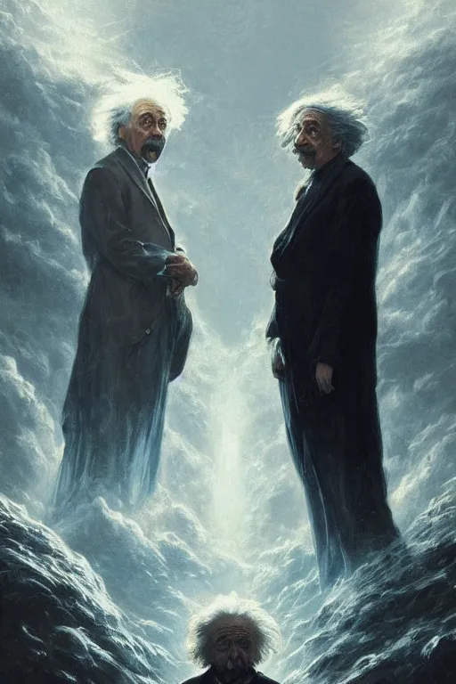 Prompt: Albert Einstein and Alan Watts having a metaphysical discussion, hyperdetailed artstation cgsociety by greg rutkowski and by Gustave Dore