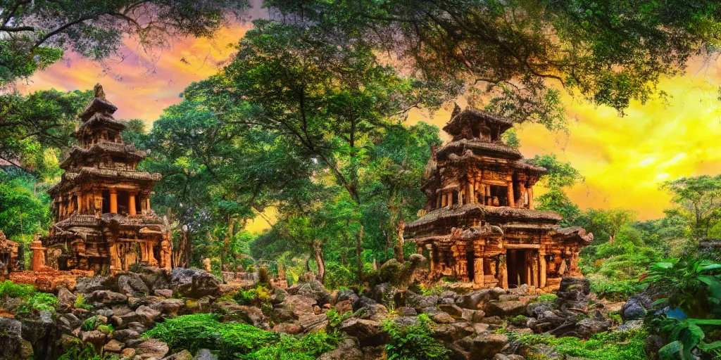 Image similar to ancient forest with a stone temple and a waterfall and colorful tropic fruit trees, sunset, high definition, high detail, photorealisitc, 8k,