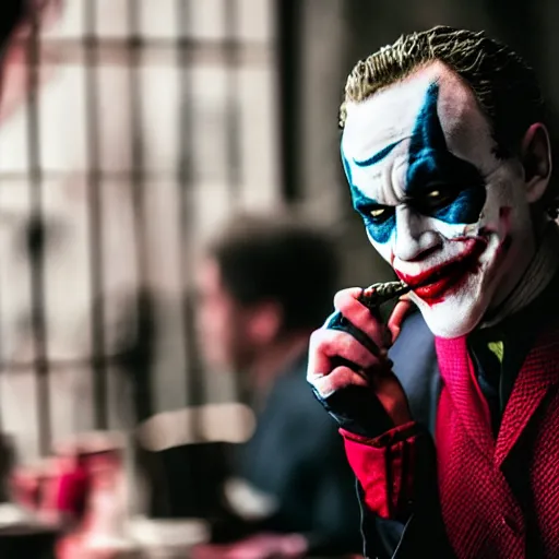 Image similar to heath ledger joker eating at a fancy restaurant with deadpool, 85mm f/1.4