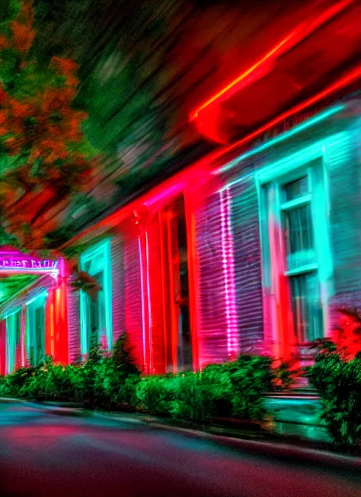 Image similar to Neon night, red lights of the car motion blur, oak alley