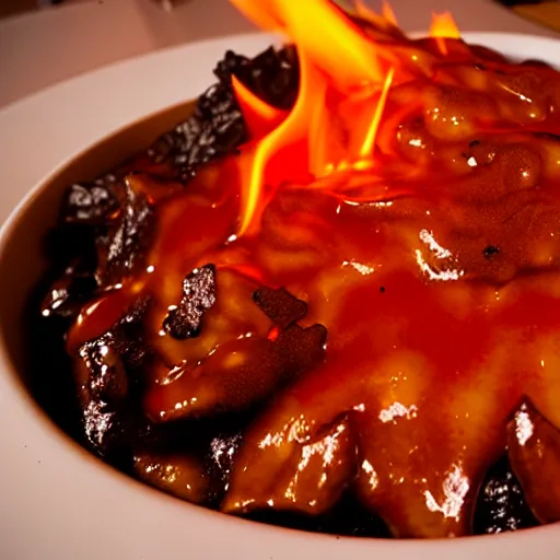 Image similar to highly detailed poutine from mount doom, lava texture, fire texture, volcano texture, smoke texture, char texture