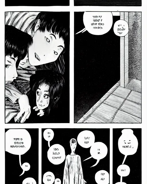 Image similar to three panels of junji ito's 'there's a large, black, shadowy cat under the bed', full width, zoomed out, room shot, first person