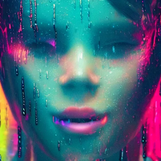 Prompt: splashes of neon, portrait made out of rain, trending on artstation, epic composition, emotional, beautiful, rendered in octane, unreal engine, highly detailed, realistic, galaxy background
