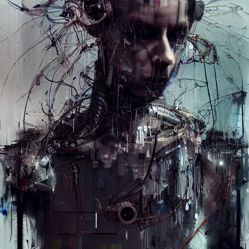 Image similar to cybernetic dream hunter, cyberpunk, wires, skulls, machines by emil melmoth zdzislaw belsinki craig mullins yoji shinkawa realistic render ominous detailed photo atmospheric by jeremy mann francis bacon and agnes cecile ink drips paint smears digital glitches glitchart