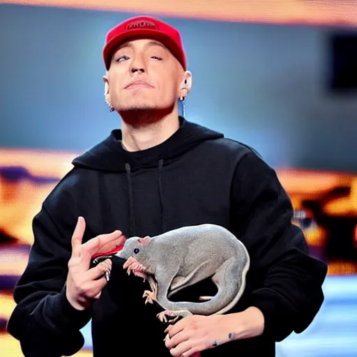 Prompt: clear picture of eminem throwing a rat to the camera, hd, 4 k, award winning details, trending in instagram