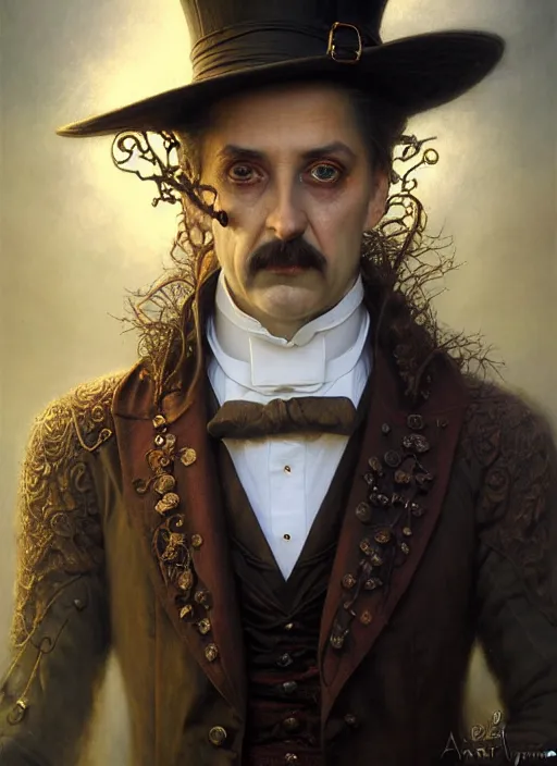 Image similar to closeup portrait shot of a victorian magician in a scenic mystery environment, intricate, elegant, highly detailed, centered, digital painting, artstation, concept art, smooth, sharp focus, illustration, artgerm, tomasz alen kopera, peter mohrbacher, donato giancola, joseph christian leyendecker, wlop, boris vallejo