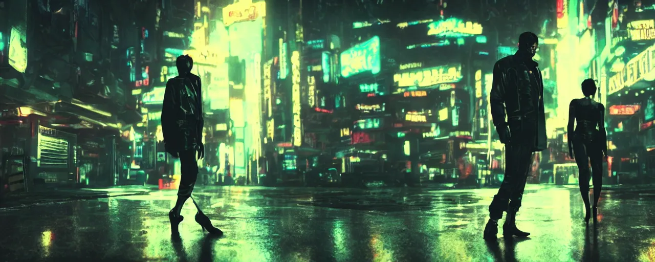 Image similar to gangster in cyberpunk night adult club, 3 5 mm, low angle, blade runner, akira, cinematic angle, cinematic lighting, reflections, action, fight