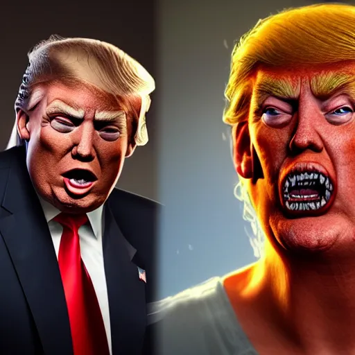 Image similar to an very detailed and ugly donald trump, horror art, super ugly, terrifying, by artgerm, hd, hdr, ue 5, ue 6, unreal engine 5, realistic anime 3 d style, cinematic 4 k wallpaper, 8 k, ultra detailed, gta cover art, high resolution, artstation, award winning