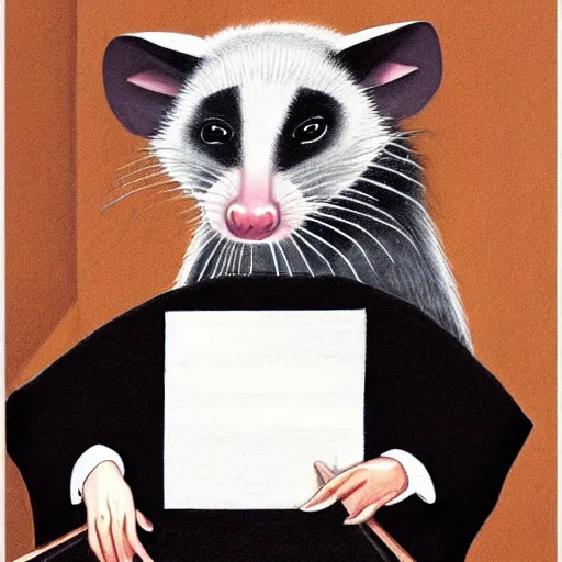 Prompt: an opossum as a judge wearing a black robe, sitting behind the desk in court, slamming his gavel, angry looking