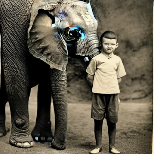 Prompt: an extremely detailed photo by john l. gaunt of a small boy standing next to an elephant with an extremely long trunk