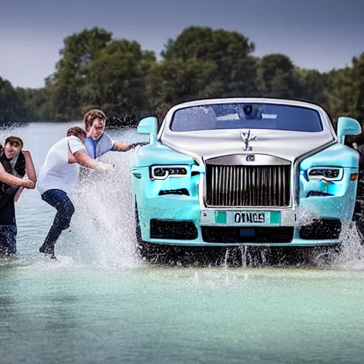 Image similar to Group of teenagers push Rolls-Royce into lake with their hands from a small slide