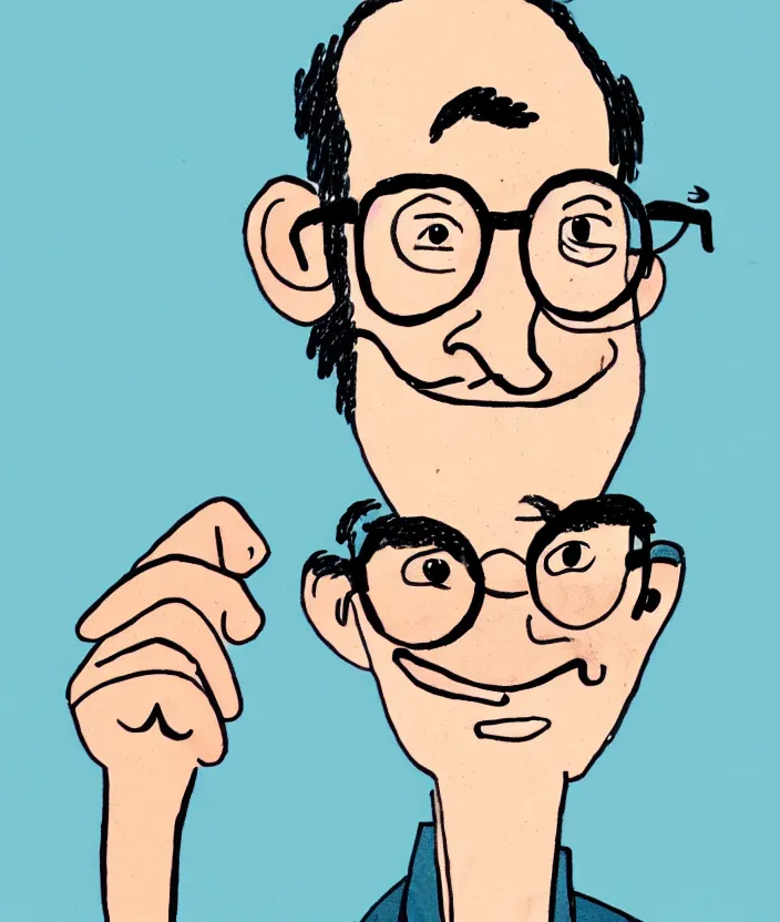 Prompt: man with glasses, dark short curly hair smiling, illustration in the style of quentin blake