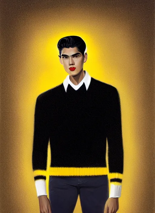 Image similar to portrait of young reggie mantle, mean smirk, egotistical, slicked back hair, striped yellow and black sweater, 1 9 5 0 s, intricate, elegant, glowing lights, highly detailed, digital painting, artstation, concept art, smooth, sharp focus, illustration, art by wlop, mars ravelo and greg rutkowski