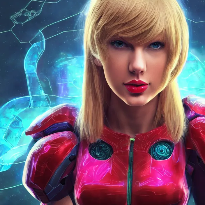 Image similar to portrait of Taylor Swift as SAMUS ARAN. metroid. HD, 4K. intricate abstract. intricate artwork. by Tooth Wu, wlop, beeple, dan mumford. octane render, trending on artstation, greg rutkowski very coherent symmetrical artwork. cinematic, hyper realism, high detail, octane render, 8k, iridescent accents.