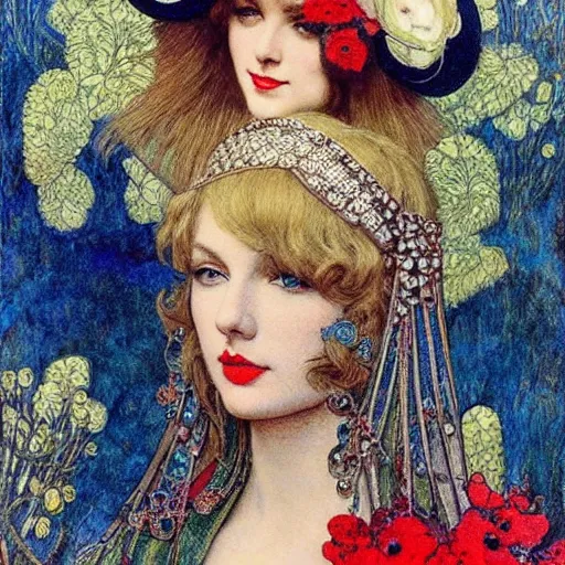 Prompt: taylor swift is a beautiful blonde young woman wearing an elaborate jeweled headdress with poppies dreamlike portrait by frank cadogan cowper, carlos schwabe, william morris, edmund dulac, and alphonse mucha, beautiful refined hyperdetailed dreamscape