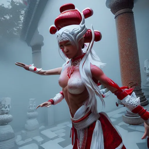 Image similar to albino Asian miko in a shintoist temple, full body, unreal engine octane, red and white, gliter, depth of field, 8k, hyper detailed, trending on artstation