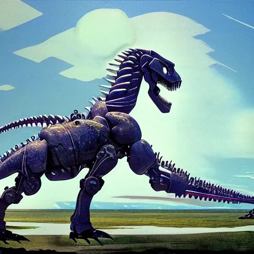 Prompt: Magnificent mecha-dinosaur hybrid by Roger Dean, by Dean Ellis, surrealism, horse, dinosaur