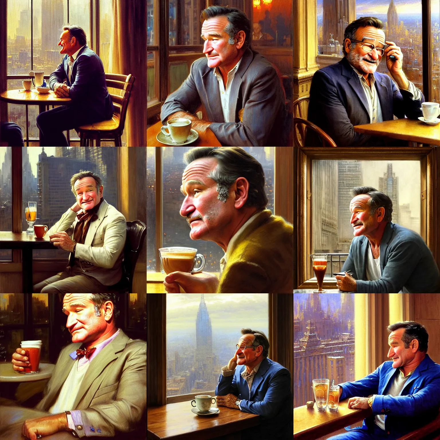 Prompt: a photo of robin williams, sitting in a cafe, staring out the glass at the city. very detailed face, natural lighting, path traced, highly detailed, high quality, digital painting, by gaston bussiere, j. c. leyendecker