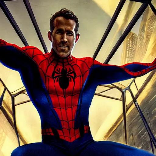 Image similar to ryan reynolds as spider - man, wearing a black and blue suit, cinematic, volumetric lighting, f 8 aperture, cinematic eastman 5 3 8 4 film, photorealistic by greg rutkowski, by stanley artgerm, by alphonse mucha