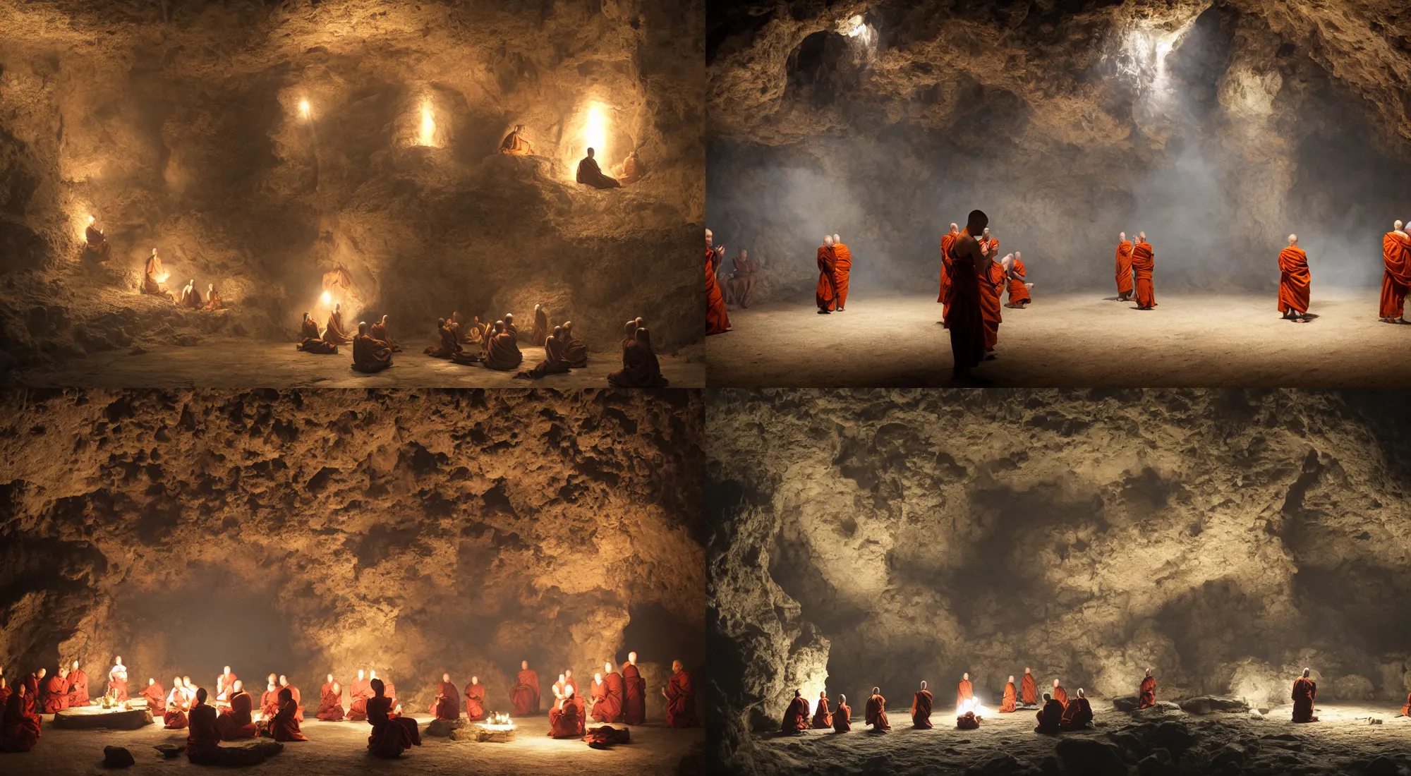 Prompt: monks performing a ritual in a cave, ambient light, mist, trending on Artstation