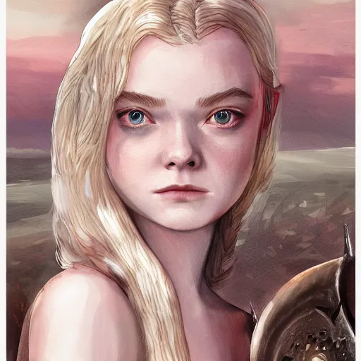 Image similar to Elle Fanning in the painted world of Dark Souls, head and shoulders masterpiece, apocalypse, golden hour, cosmic horror, artstation, in the style of 1990s Disney cel shading, extremely detailed