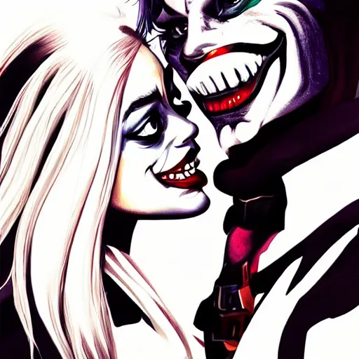 Image similar to Margot Robbie as Harley Quinn kissing the joker, highly detailed, digital painting, artstation, concept art, smooth, sharp focus, illustration, art by yoji shinakawa, black and white