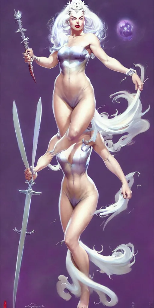 Prompt: frank frazetta painting of queen of hokra, silver white hair, violet long gown, full body, sorceress sword, soft lighting, trending on artstation, by huang guangjian and gil elvgren and sachin teng