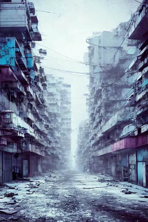 Image similar to nuclear winter, abandoned street of hong kong, near future, fantasy, sci - fi, hyper realistic, serene, morning.