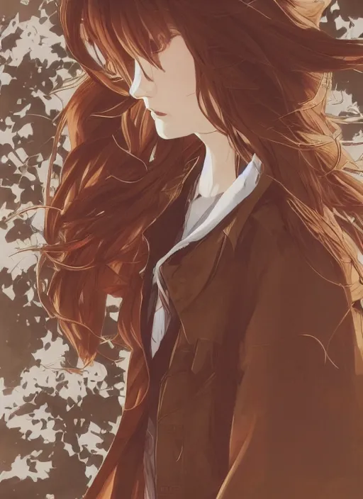 Image similar to illustration by shigenori soejima, by tatsuki fujimoto, by yoji shinakawa, tired girl with fox ears, long wavy orange hair, light brown trenchcoat, forest background, focus on face, pretty, moody lighting, painterly