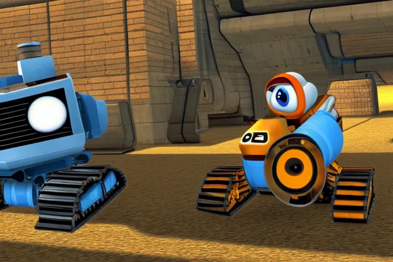 Prompt: wall - e in super mario 6 4, heavy detailed, ultra high definition quality, super mario 6 4 game engine graphics