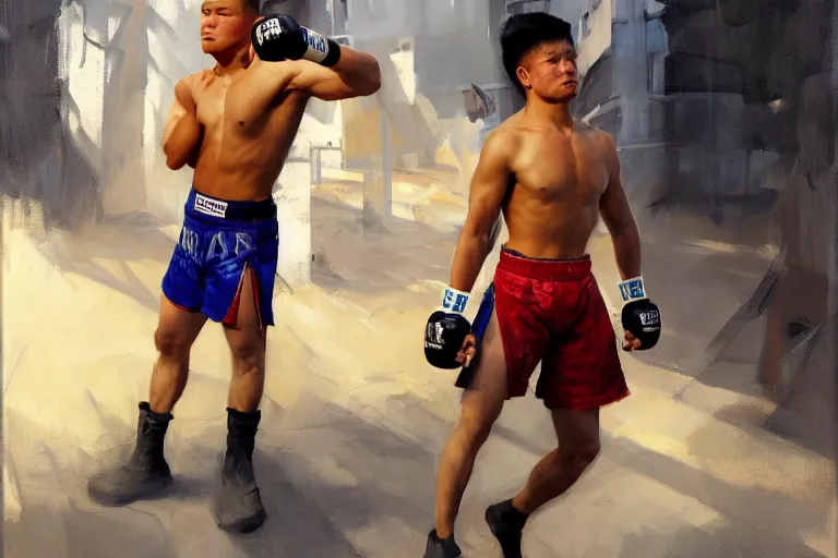 Image similar to greg manchess portrait of a filipino mma fighter victorious in arena, sunny day, matte painting, bold shapes, hard edges, street art, trending on artstation, by huang guangjian, gil elvgren, ruan jia, randy vargas, greg rutkowski