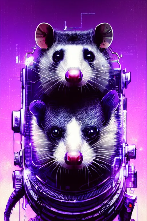 Image similar to a beautiful portrait of a cute cyberpunk opossum by sandra chevrier and greg rutkowski and wlop, purple blue color scheme, high key lighting, volumetric light, digital art, highly detailed, fine detail, intricate, ornate, complex, octane render, unreal engine, photorealistic