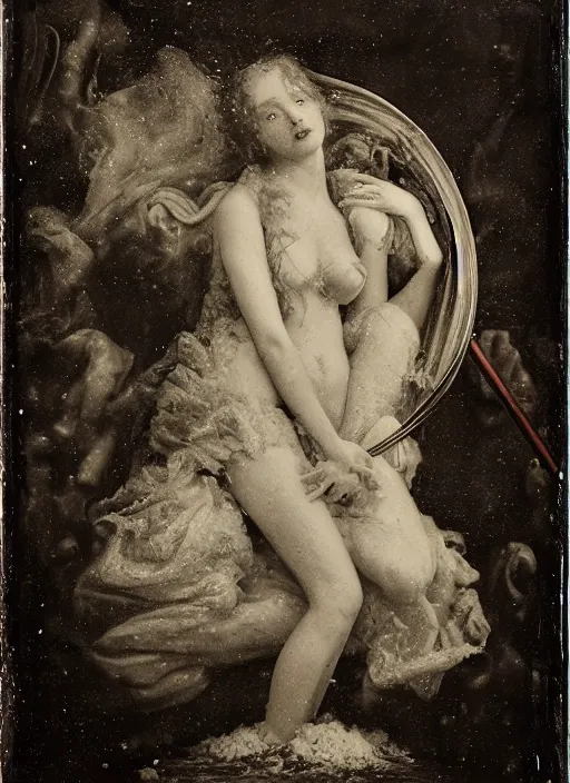 Prompt: old wetplate daguerreotype birth of venus in times of cholera, fractal, intricate, elegant, highly detailed, parallax, leica, medium format, subsurface scattering, by jheronimus bosch and greg rutkowski and louis jacques mande daguerre