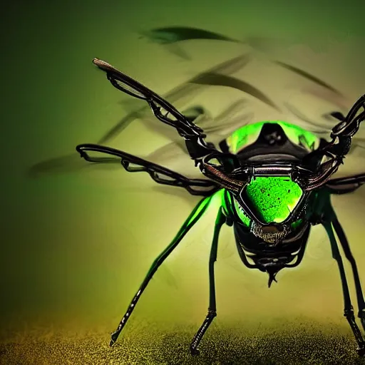 Prompt: green shiny rose chafer with quadcopter drone wings creating turbulence dark background digital art award winning photography