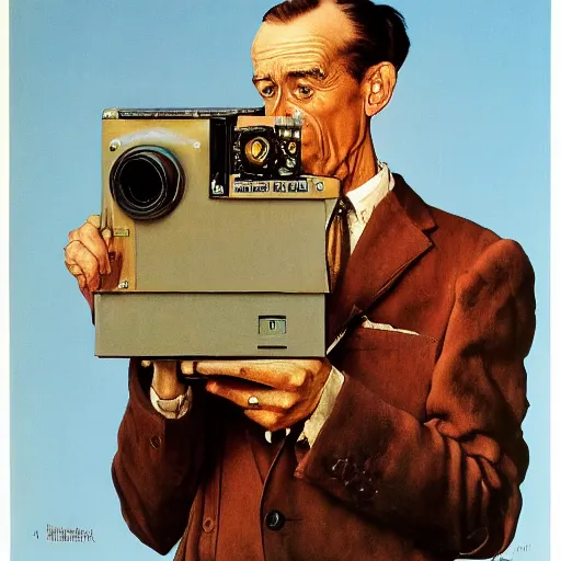 Image similar to norman rockwell painting of a man holding a large television - video - camera