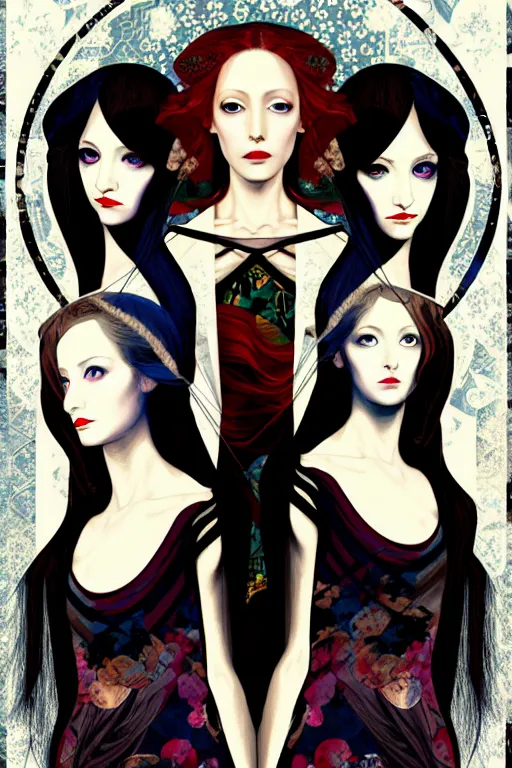 Prompt: triad of muses, representing the 3 winter!!! months of december, january and february, style mix of æon flux, shepard fairey, botticelli, john singer sargent, pre - raphaelites, shoujo manga, harajuku fashion, stark landscape, muted dark colors, superfine inklines, ethereal, 4 k photorealistic, arnold render