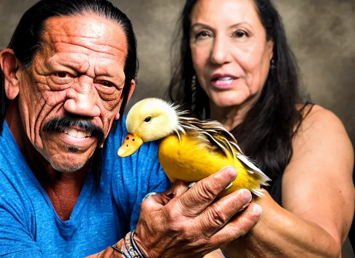 Image similar to photo still of danny trejo at the county fair!!!!!!!! at age 5 6 years old 5 6 years of age!!!!!!!! holding a baby duck he won, 8 k, 8 5 mm f 1. 8, studio lighting, rim light, right side key light
