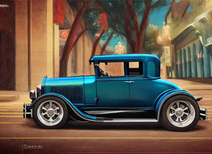 Prompt: touring chicago in a 1 9 3 0 model a ford hot rod, lowbrow style painting by jasmine becket - griffith and danny flynn 8 k resolution, octane render, detailed painting