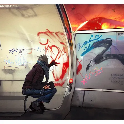 Prompt: graffiti vandal writing graffiti on buses on bus station illustrated by greg rutkowski and moebius and loish and artgerm painterly illustration