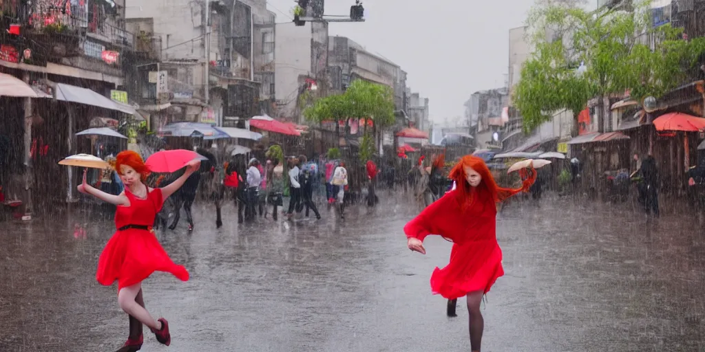 Prompt: a red - haired girl is dancing in an open - up street view of fairy town, raining, crowding.
