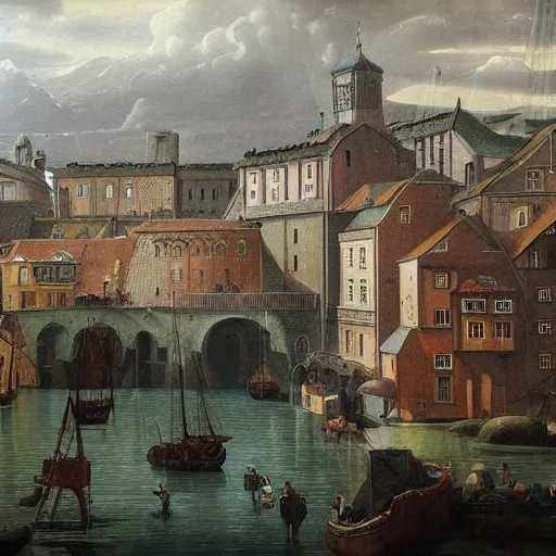 Image similar to Raining Outside inside house + A Beautiful painting of European town The year is 1680 Highly detailed, epic composition, Dramatic lighting, Epic Wide angle, a futuristic city made black Iron stone, the style Wes Anderson sci-fi movie, 4k, high hyper realistic