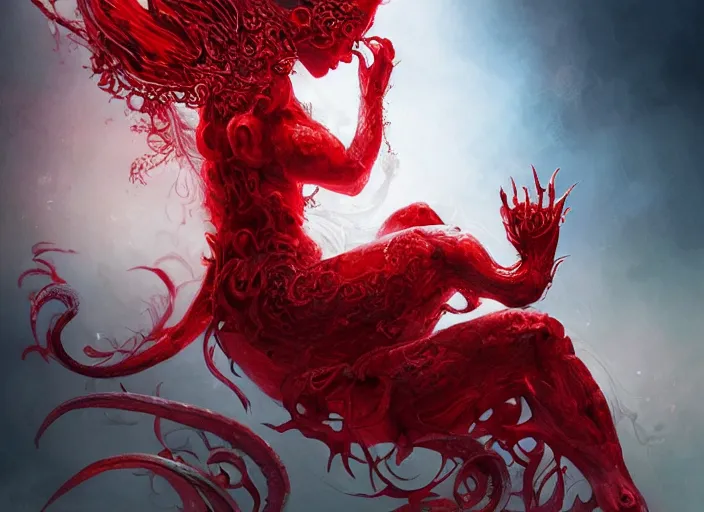 Image similar to woman loves demon, sit upon a scarlet coloured beast, pain, light effect, hyper detailed, intricate, elegant, highly detailed, digital painting, artstation, concept art, matte, sharp focus, illustration, by james jean, andrei riabovitchev, marc simonetti, yoshitaka amano