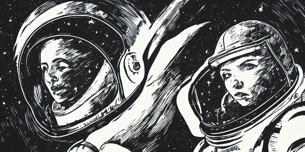 Image similar to etching portrait of a woman wearing a space helmet, scifi, big clouds visible in the background, stars in the sky, high contrast, deep black tones, depth of field, smudges